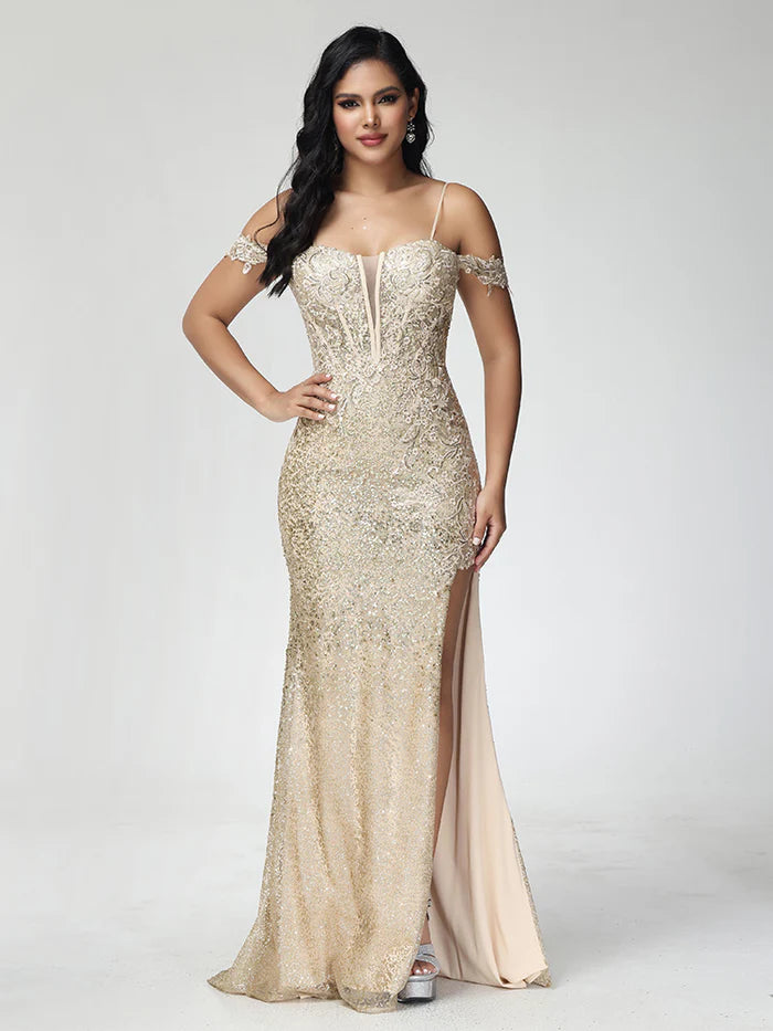 Off Shoulder Sequins Prom Dress With Slit