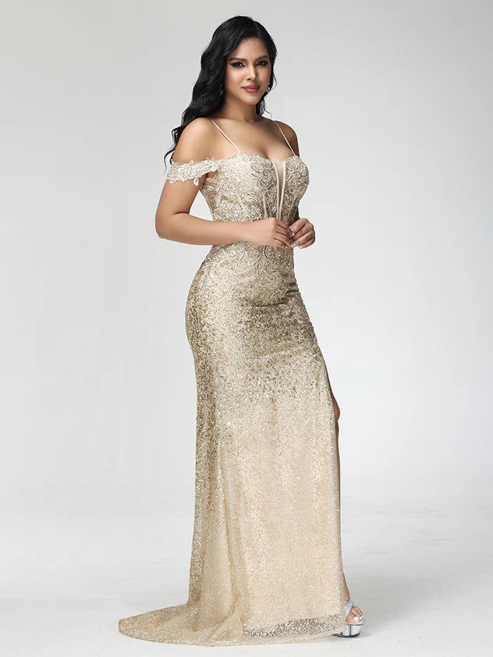 Off Shoulder Sequins Prom Dress With Slit