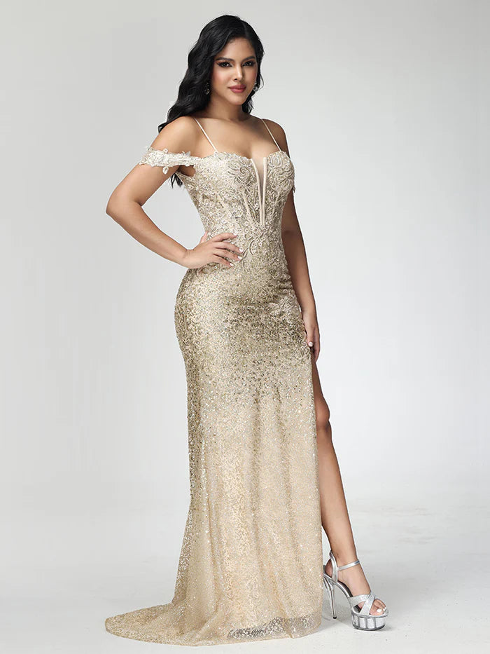 Off Shoulder Sequins Prom Dress With Slit