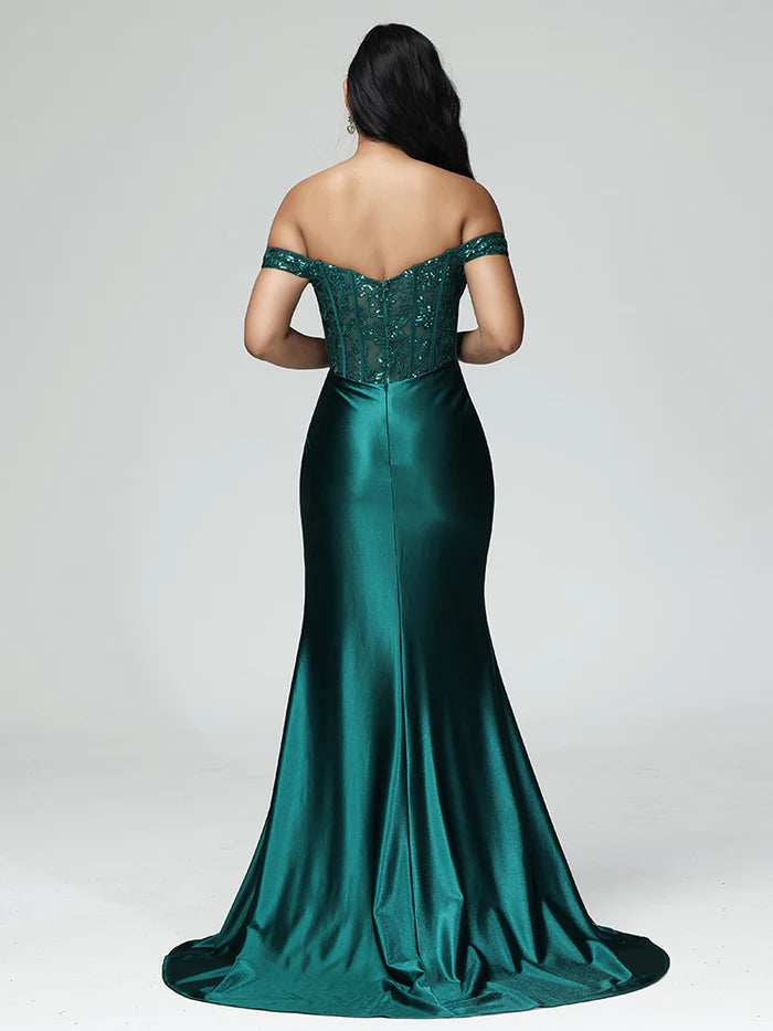 Off The Shoulder Sleeveless Prom Dress With Slit