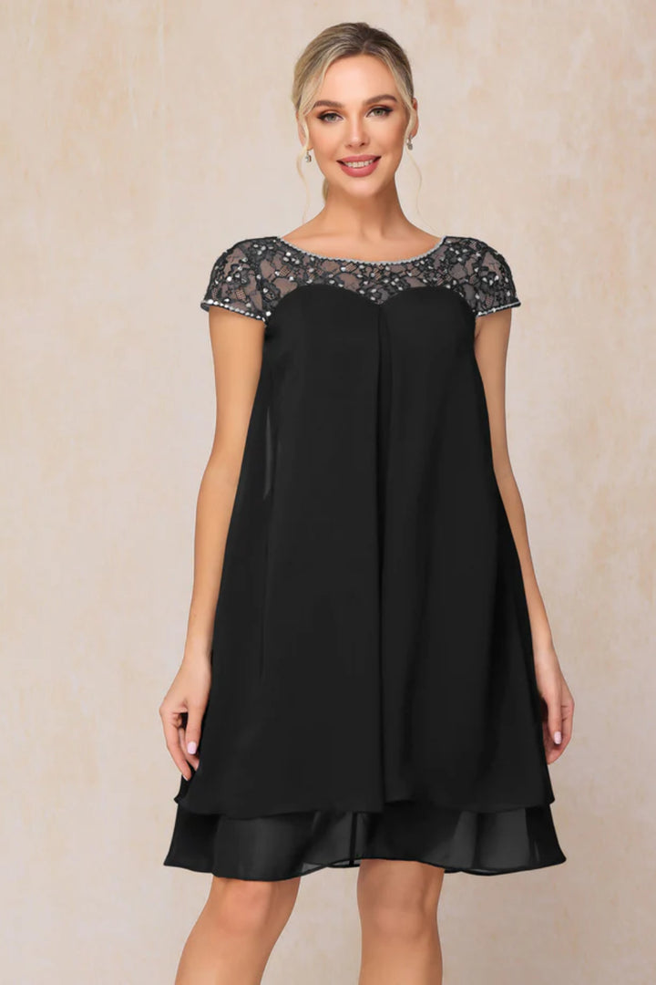 Cap Sleeves Beading Knee Length Chiffon Lace Mother Of The Bride Dress