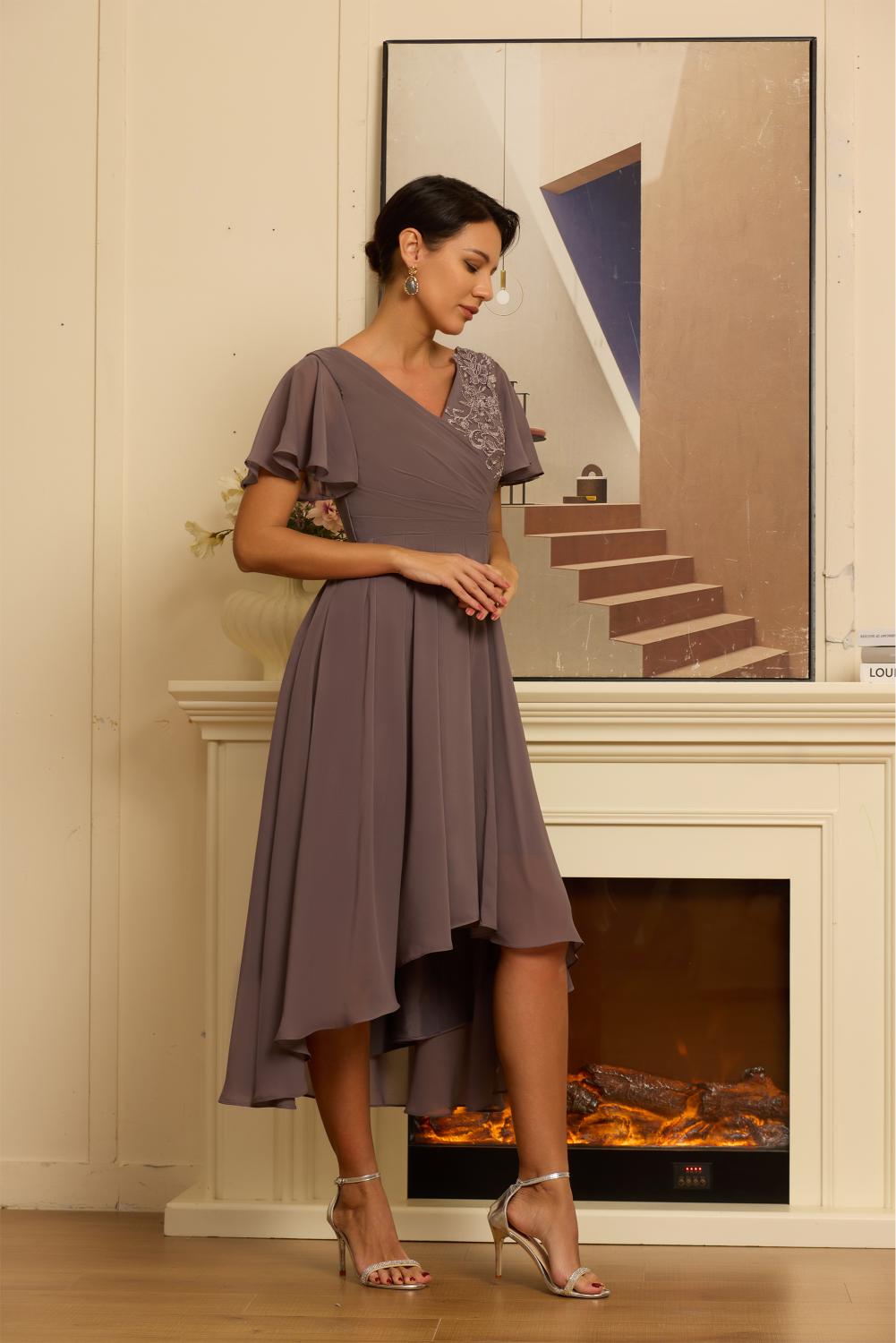 V Neck Formal Tea Length Mother of The Bride Dresses