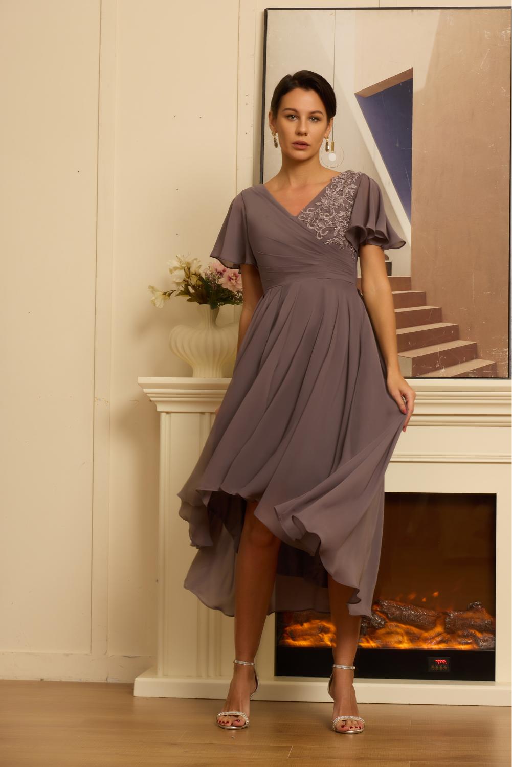 V Neck Formal Tea Length Mother of The Bride Dresses