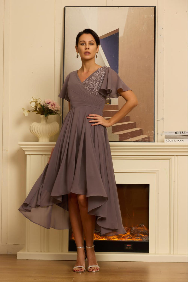 V Neck Formal Tea Length Mother of The Bride Dresses