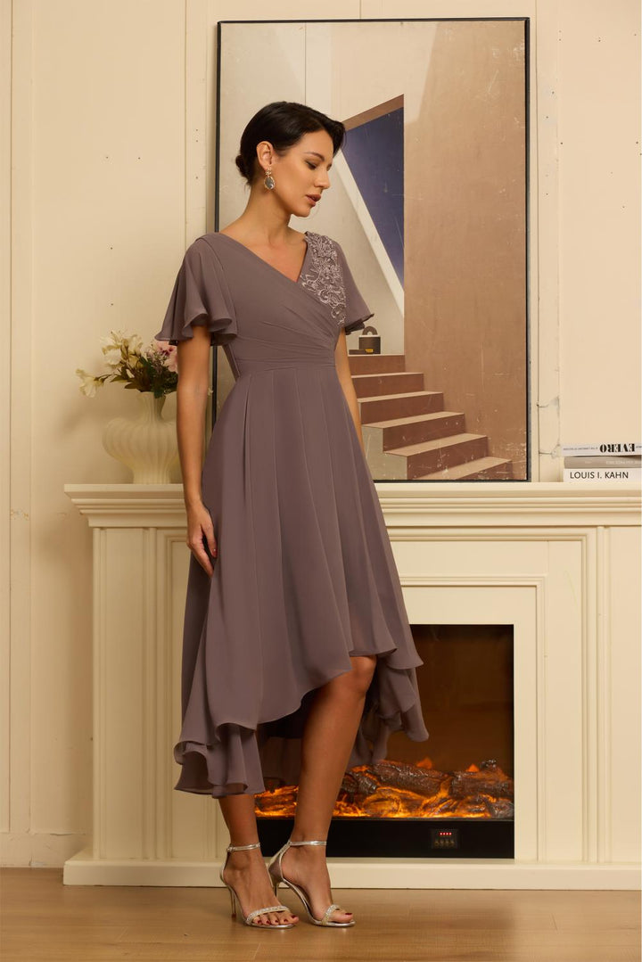 V Neck Formal Tea Length Mother of The Bride Dresses