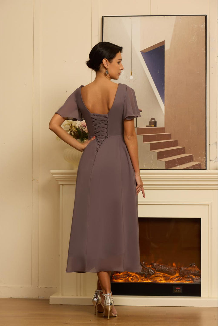 V Neck Formal Tea Length Mother of The Bride Dresses