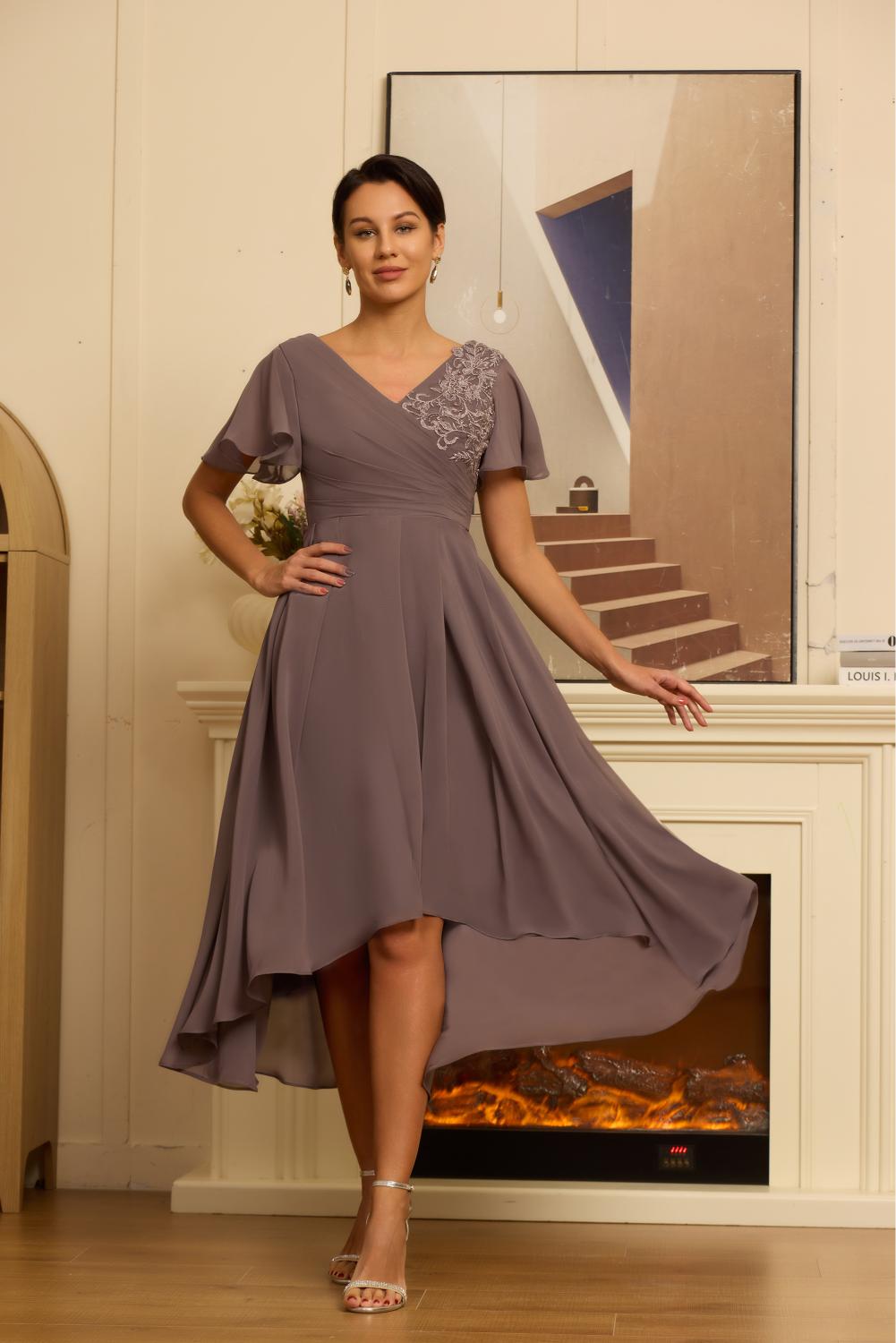 V Neck Formal Tea Length Mother of The Bride Dresses