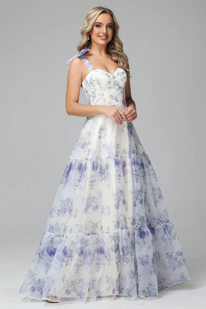 Floral Print Lace Up Floor Length Prom Dresses