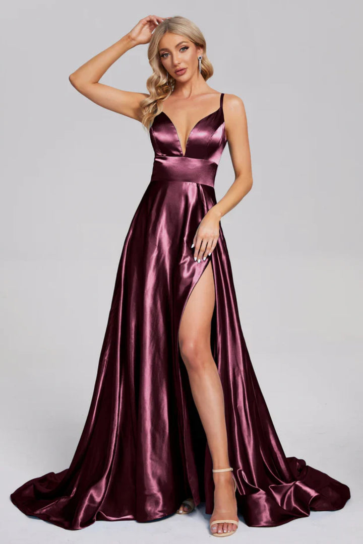 V-neck Side Slit Soft Satin Prom Dress with Trainning