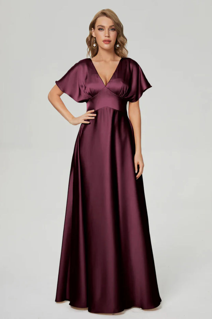 V-neck Short Sleeves Soft Satin Prom Dress