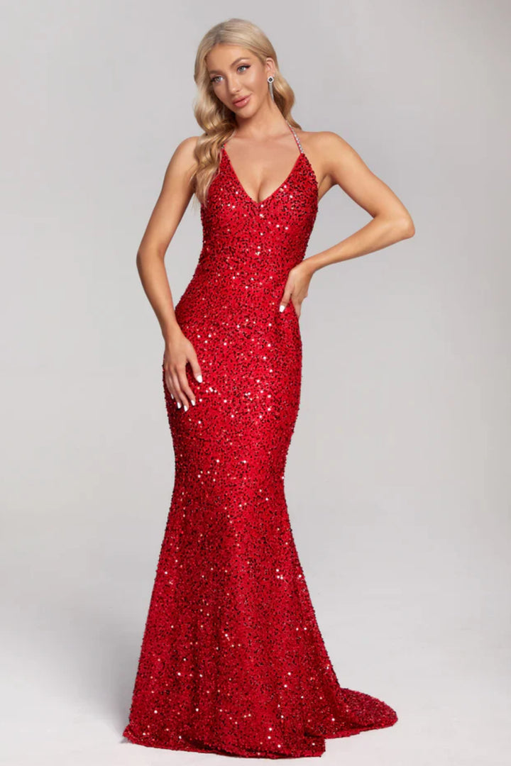 Sparkly Mermaid Halter Sequins Prom Dress