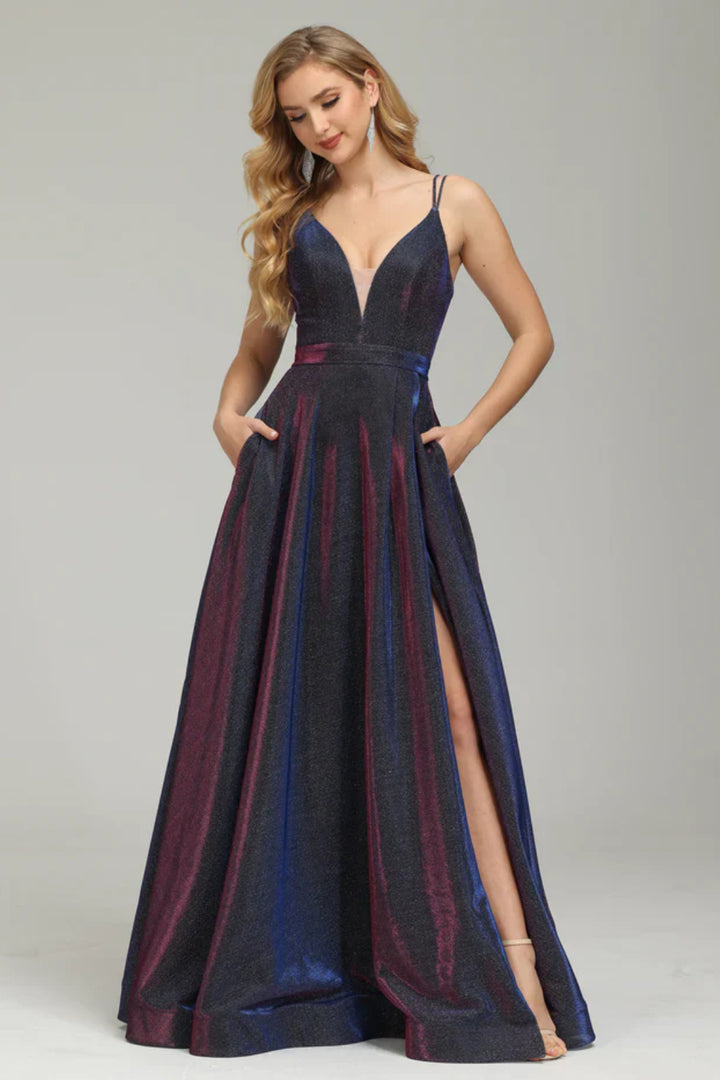 Iridescent V-neck Backless Prom Dress