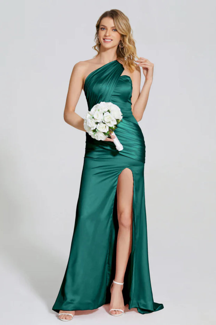 One-Shoulder Trumpet Pleated Soft Satin Prom Dress