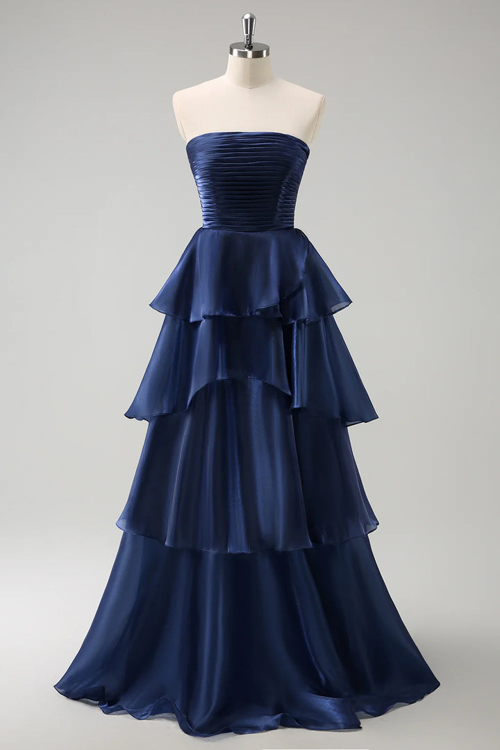 Dark Navy A Line Strapless Pleated Tiered Floor Length Ruffle Bridesmaid Dress