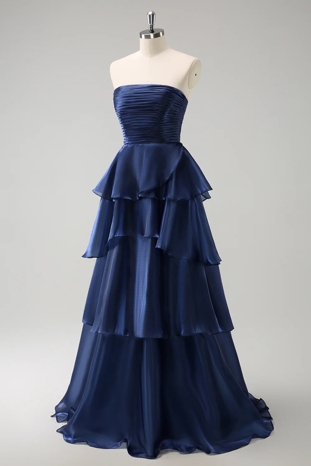 Dark Navy A Line Strapless Pleated Tiered Floor Length Ruffle Bridesmaid Dress