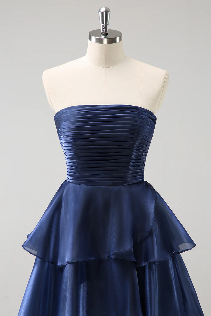 Dark Navy A Line Strapless Pleated Tiered Floor Length Ruffle Bridesmaid Dress