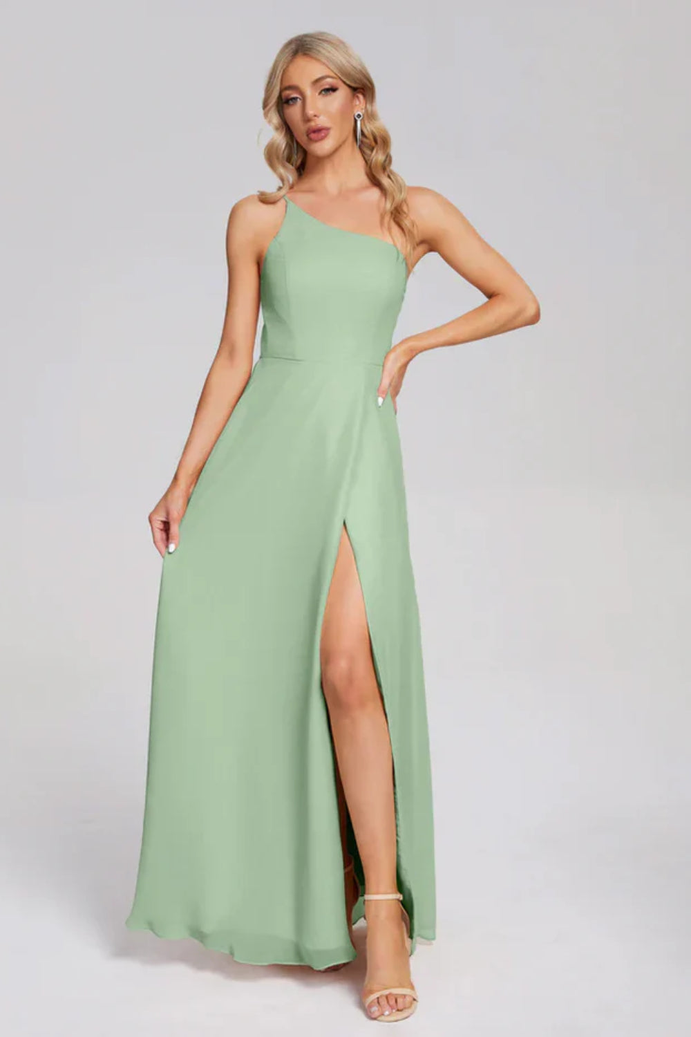 One Shoulder Side Slit Chiffon Bridesmaid Dress