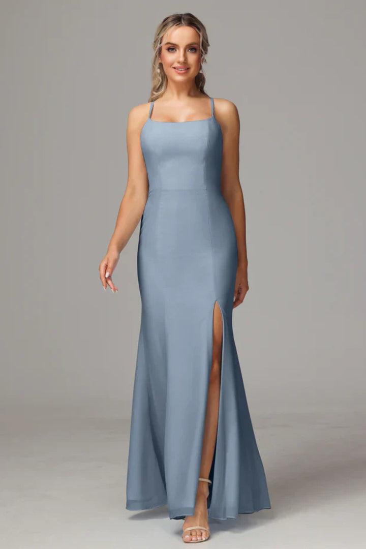 Spaghetti Straps Cross Back Chiffon Bridesmaid Dress