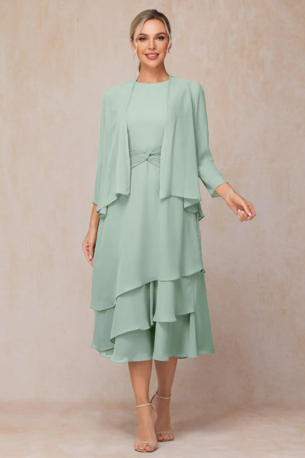 2 Pieces Tea Length Long Sleeves Chiffon Mother Of The Bride Dress