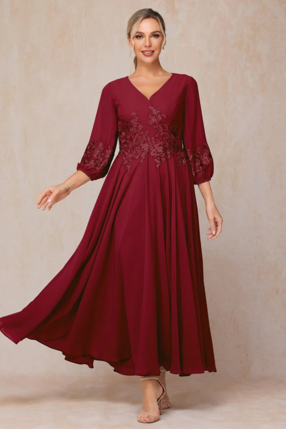 Long Sleeves Appliques Ankle Length Chiffon Mother Of The Bride Dress