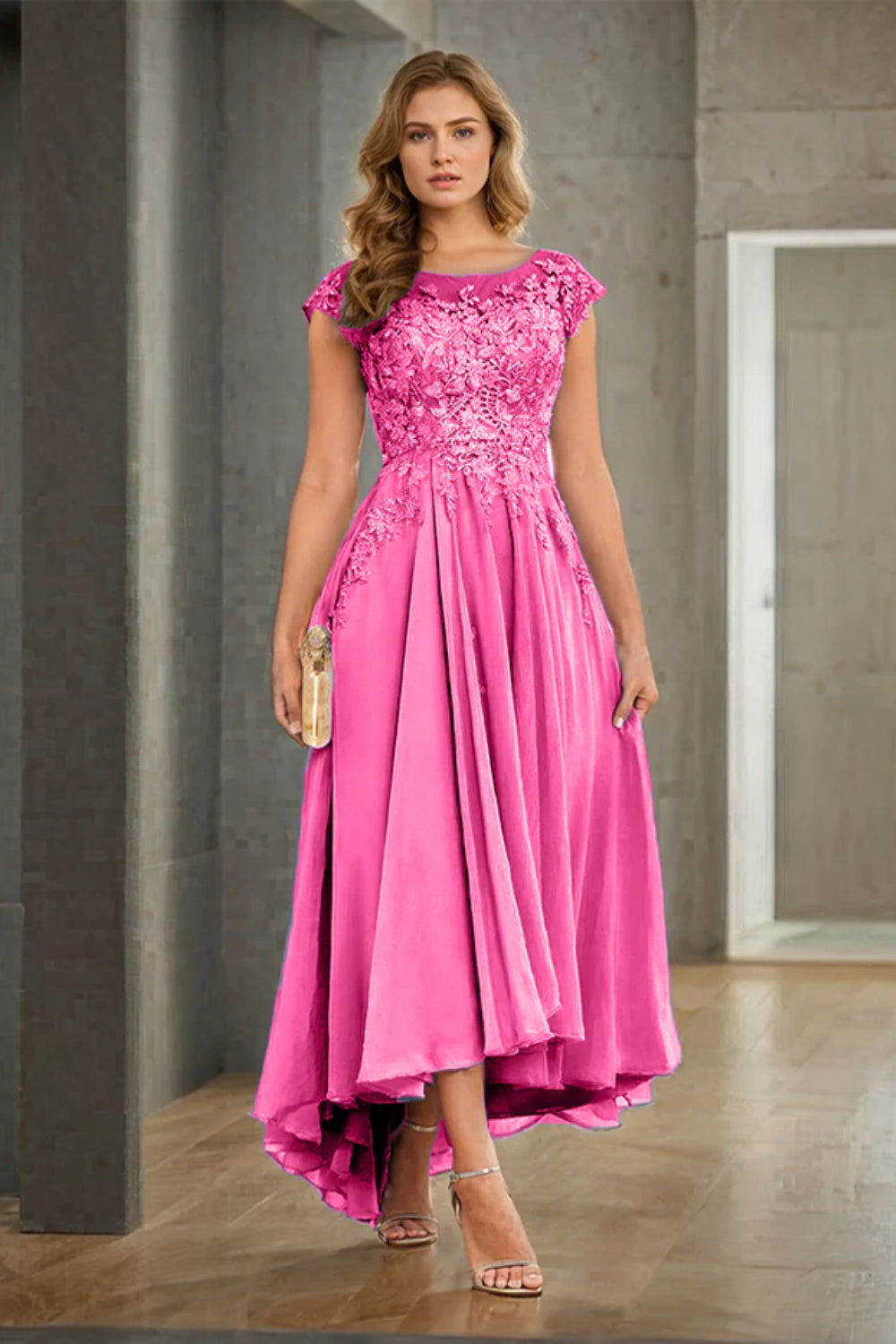 A-line Illusion Neckline Cap Sleeves Lace Appliques Chiffon Mother Of The Bride Dress