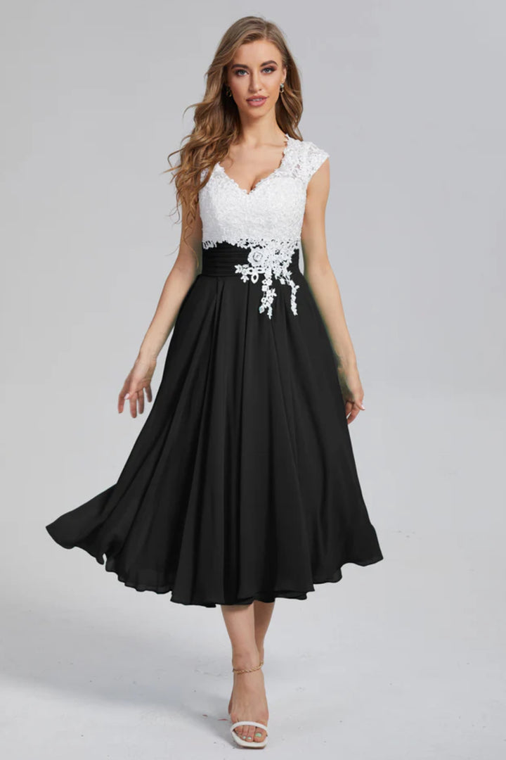 V-neck Tea Length Mother of the Bride Dress