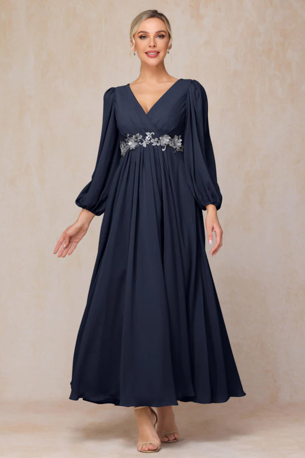 Long Sleeves V Neck Ankle Length Chiffon Mother Of The Bride Dress