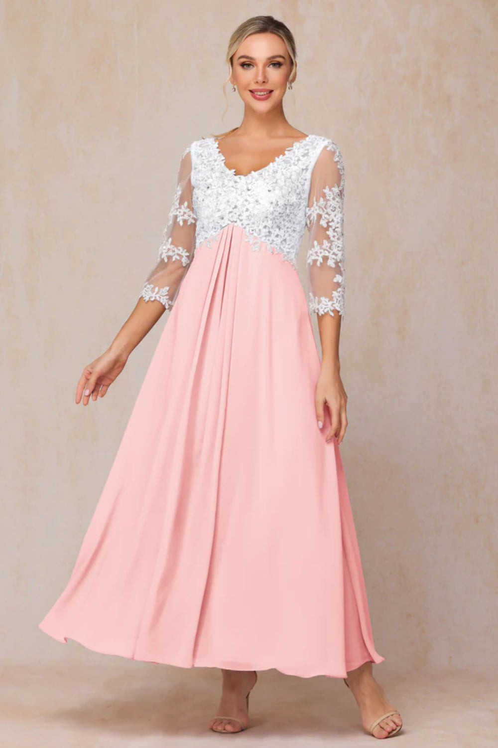 3/4 Sleeves A Line Ankle Length Chiffon Lace Mother Of The Bride Dress