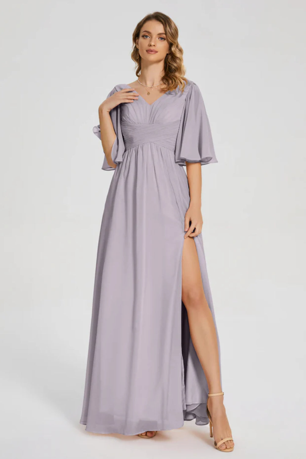 V-neck Half Sleeves Chiffon Mother of the Bride Dress