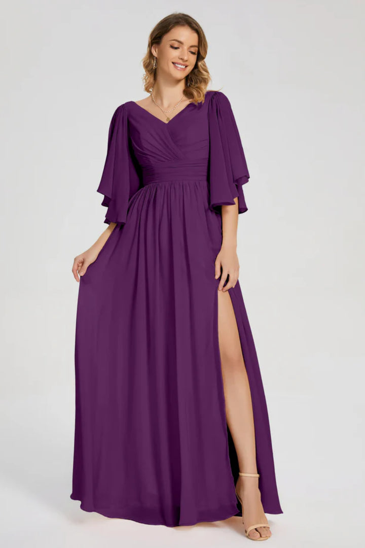 Half Sleeves V-neck Slit Mother of the Bride Dress