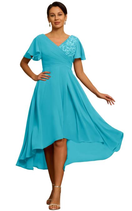 V Neck Formal Tea Length Mother of The Bride Dresses