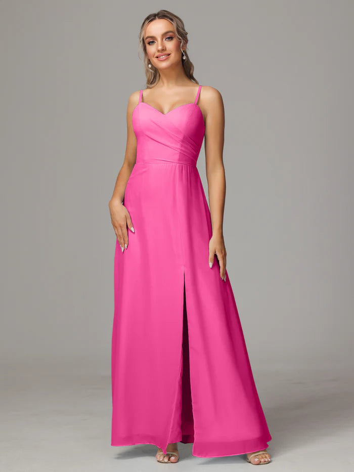 Spaghetti Straps Sweetheart Chiffon Bridesmaid Dress With Slit