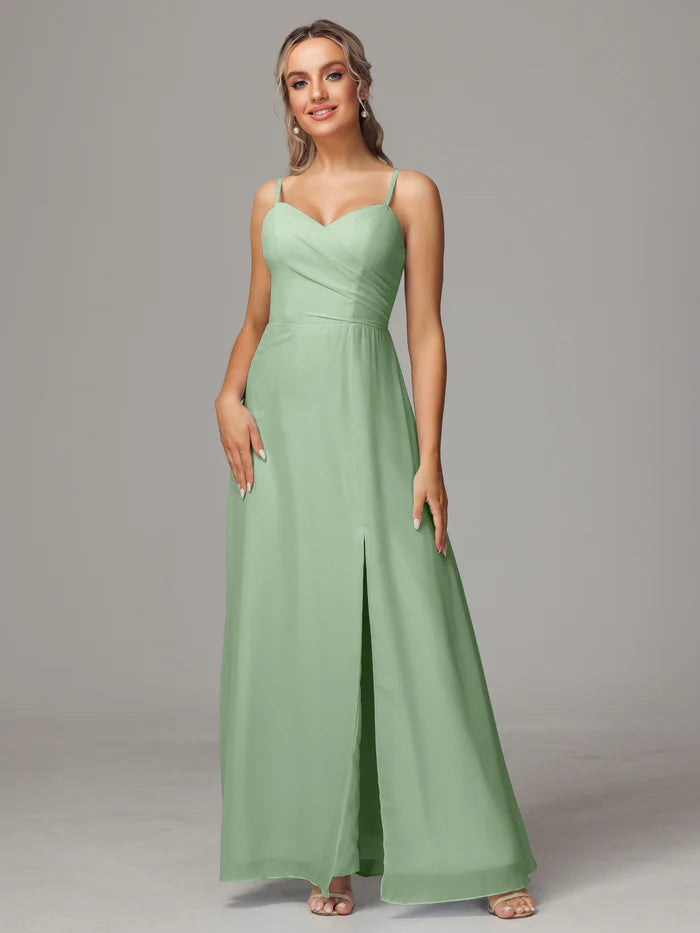 Spaghetti Straps Sweetheart Chiffon Bridesmaid Dress With Slit