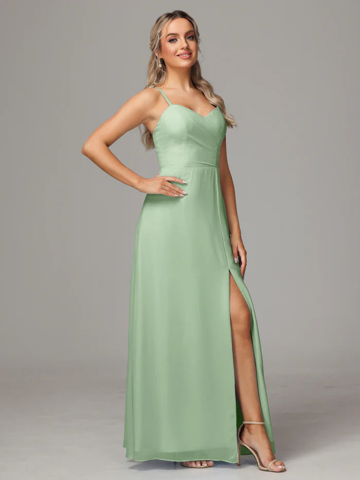 Spaghetti Straps Sweetheart Chiffon Bridesmaid Dress With Slit