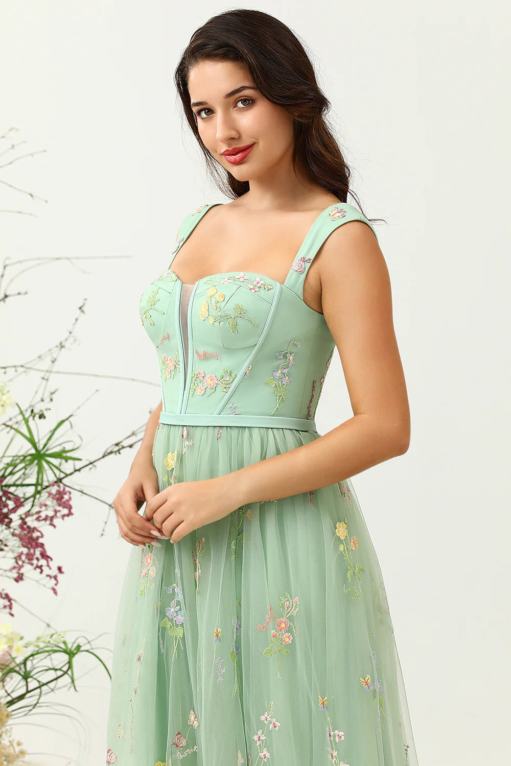 Green A-Line Square Neck Long Party Dress with Embroidery