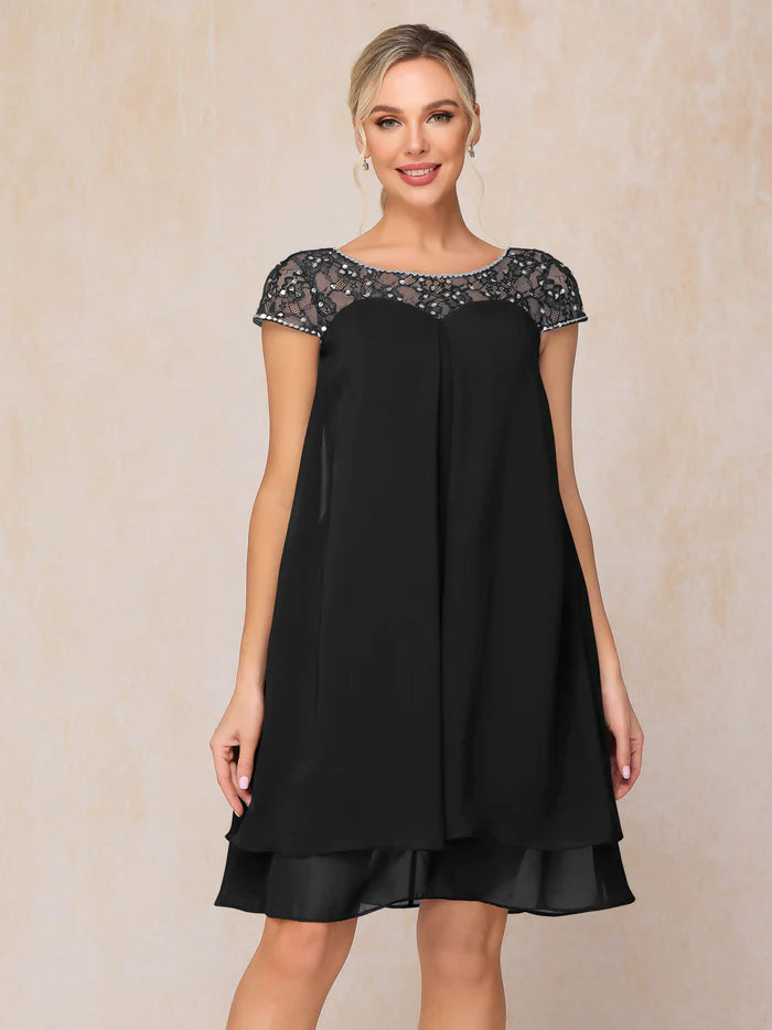 Cap Sleeves Beading Knee Length Chiffon Lace Mother Of The Bride Dress