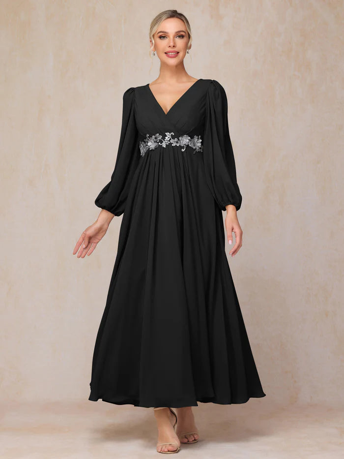 Long Sleeves V Neck Ankle Length Chiffon Mother Of The Bride Dress