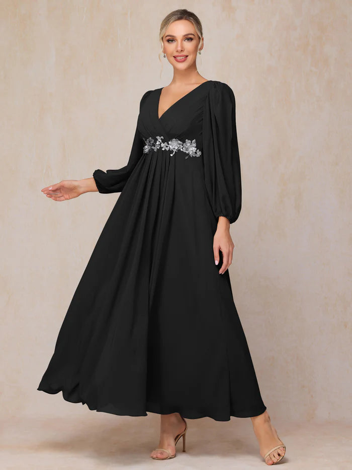 Long Sleeves V Neck Ankle Length Chiffon Mother Of The Bride Dress