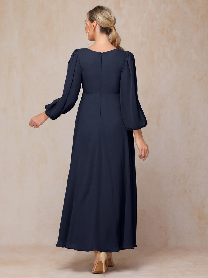 Long Sleeves V Neck Ankle Length Chiffon Mother Of The Bride Dress