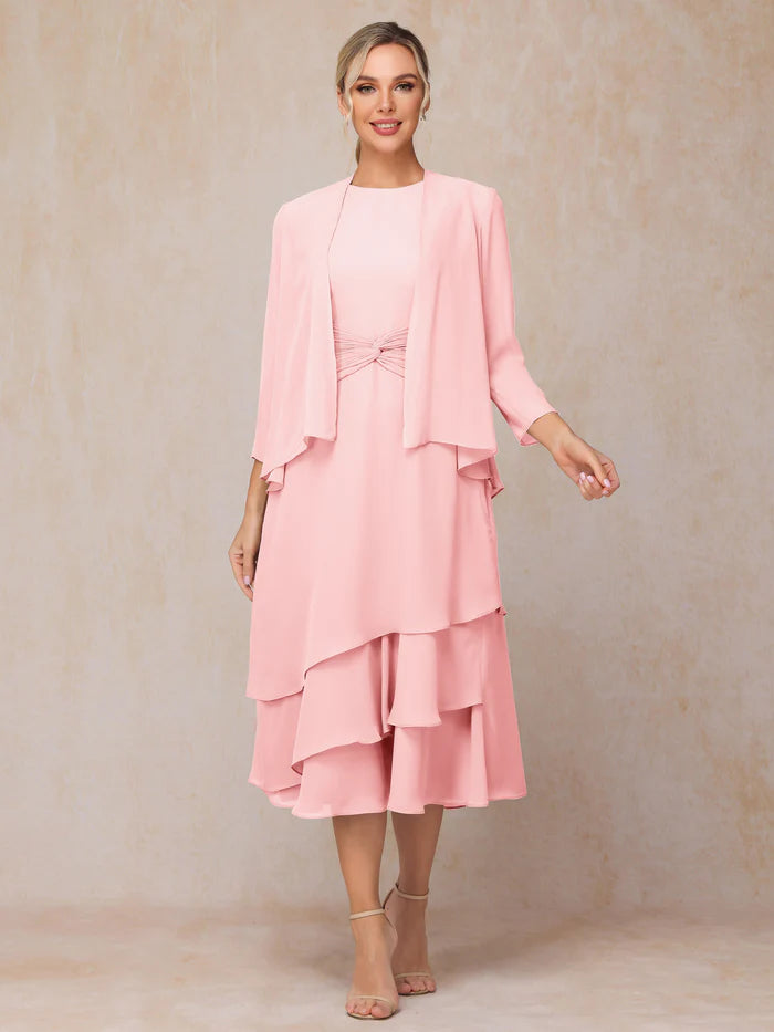 2 Pieces Tea Length Long Sleeves Chiffon Mother Of The Bride Dress