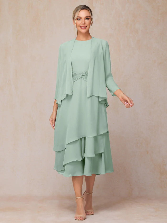 2 Pieces Tea Length Long Sleeves Chiffon Mother Of The Bride Dress