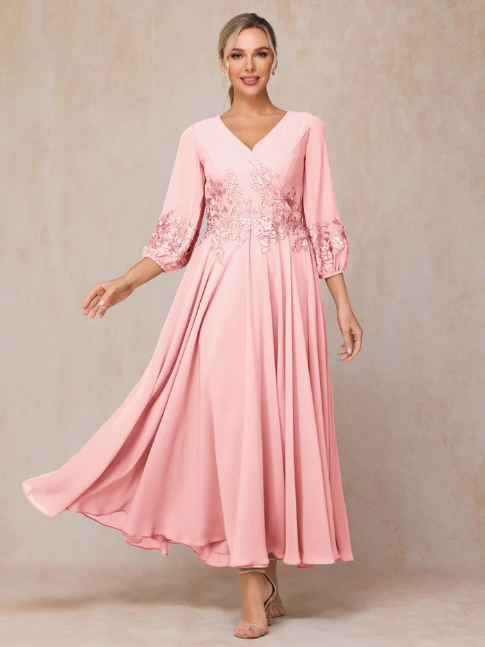 Long Sleeves Appliques Ankle Length Chiffon Mother Of The Bride Dress