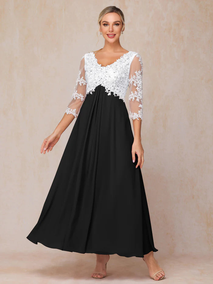 3/4 Sleeves A Line Ankle Length Chiffon Lace Mother Of The Bride Dress