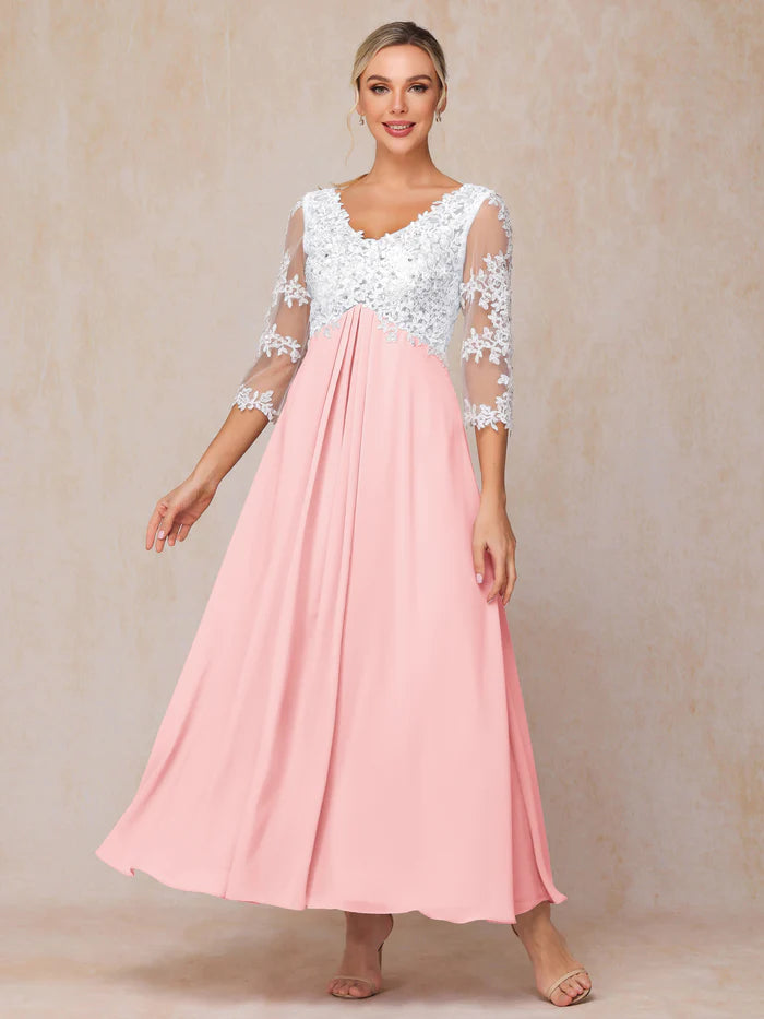 3/4 Sleeves A Line Ankle Length Chiffon Lace Mother Of The Bride Dress