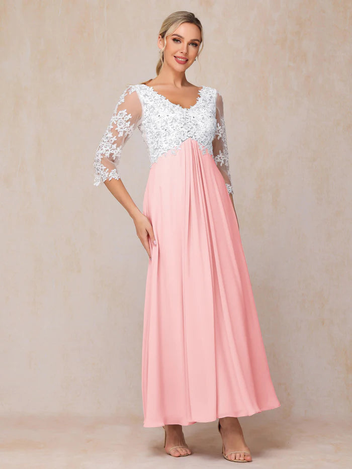 3/4 Sleeves A Line Ankle Length Chiffon Lace Mother Of The Bride Dress