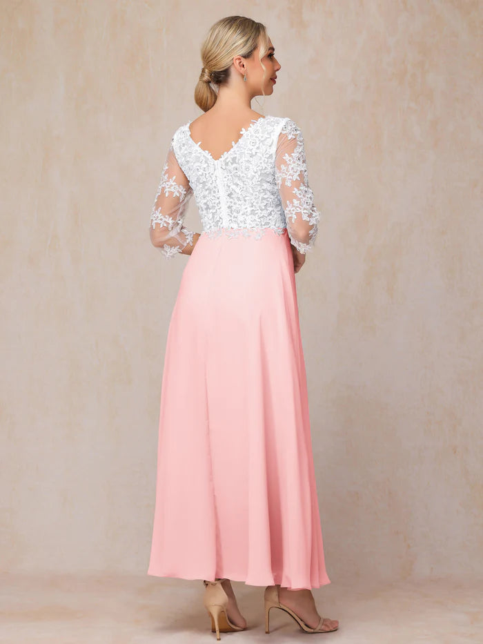 3/4 Sleeves A Line Ankle Length Chiffon Lace Mother Of The Bride Dress