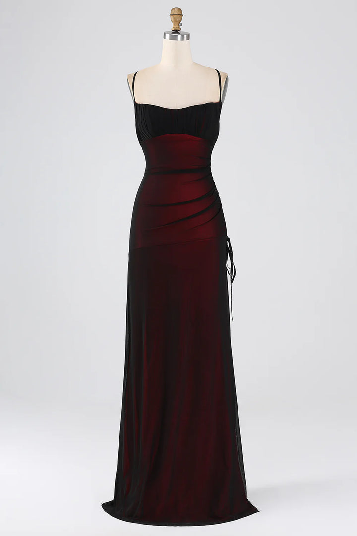 Black Red Sheath Spaghetti Straps Floor Length Bridesmaid Dress