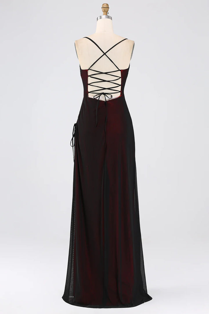 Black Red Sheath Spaghetti Straps Floor Length Bridesmaid Dress