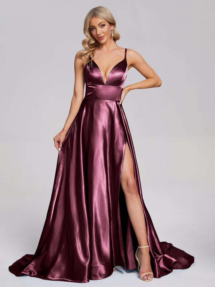 V-neck Side Slit Soft Satin Prom Dress with Trainning