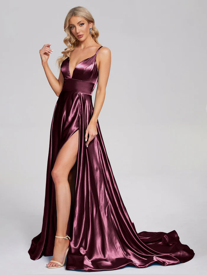 V-neck Side Slit Soft Satin Prom Dress with Trainning